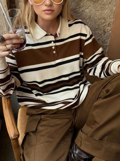 Loose Fit Striped Polo Sweatshirt