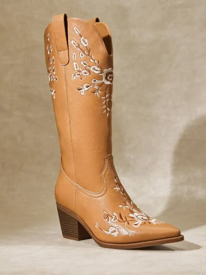 SHUZIA Knee-High Floral Western Boots