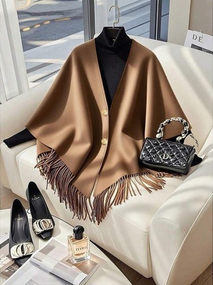 Wool Fringe Hem Cloak Coat