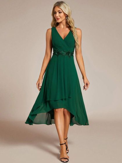 V-Neck Embroidered Pleated Chiffon Bridesmaid Dress
