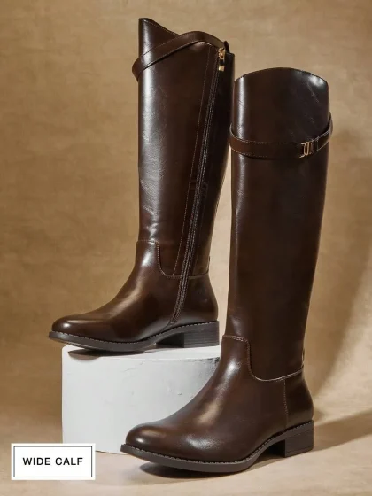 SHUZIA Women's Wide-Calf Chunky Heel Knee-High Boots with Metal Decor