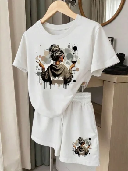 2pcs Set Women Dramatic Sarcasm Slogan Funny Graphic Print Casual Outfit