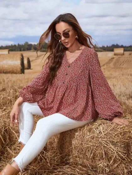 Maternity Ditsy Floral Lantern Sleeve Peplum Blouse