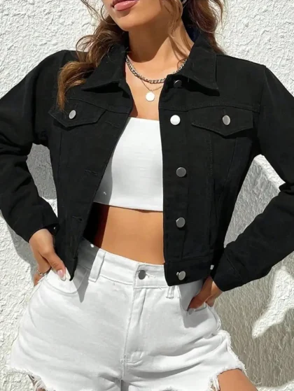 Women's Casual Solid Color Short Denim Jacket, Versatile For Spring And Autumn