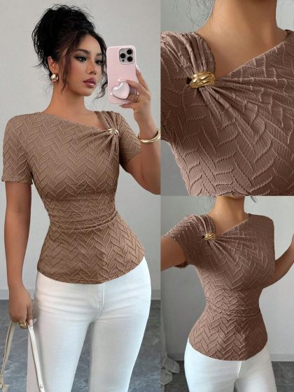 Elenzga Asymmetric Rose Button Tee