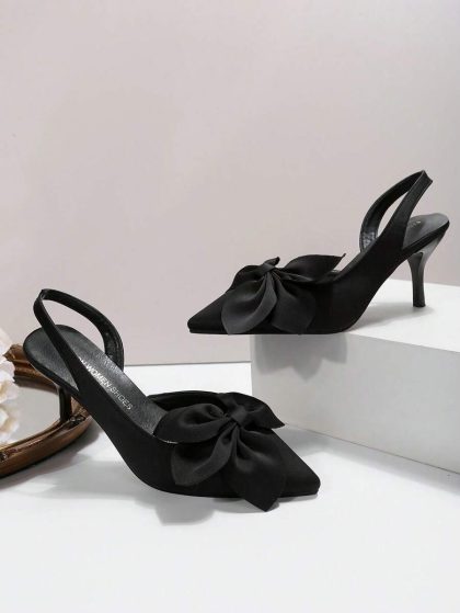 Women’s Pointed-Toe Slingback Pumps with Satin Bow – Thin High Heels, Elegant Kitten Heels for Party & Seasonal Wear
