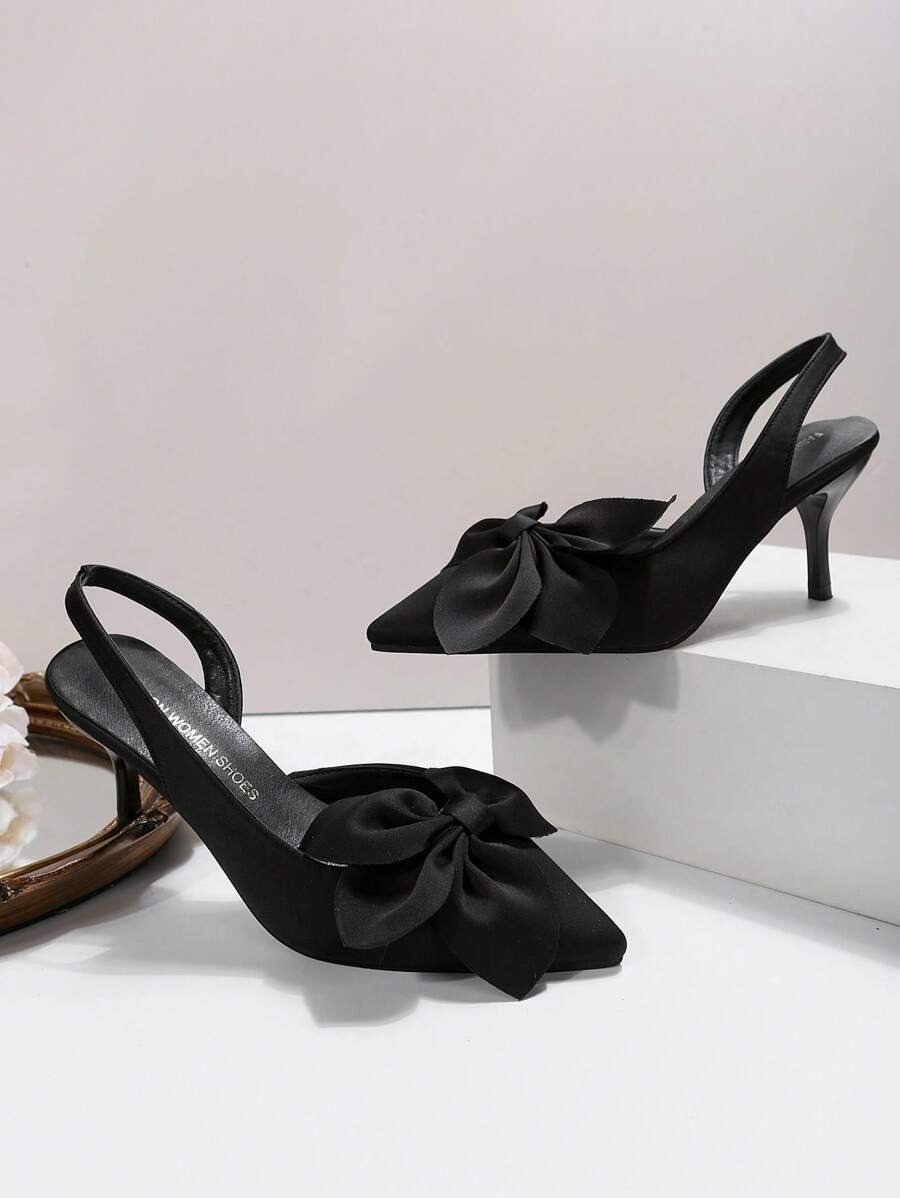 Women’s Pointed-Toe Slingback Pumps with Satin Bow – Thin High Heels, Elegant Kitten Heels for Party & Seasonal Wear