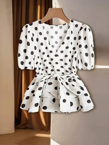 Franclia Chic V-Neck Large Polka Dot Blouse with Ruffled Layers