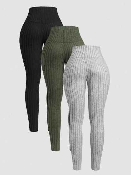 Rina Fox 3pcs/Set Women's Solid Color Ribbed Leggings Fall Cloth For Women