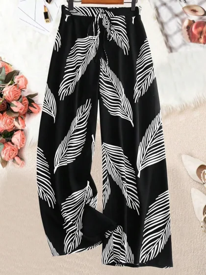 EMERY ROSE Women's Casual Leaf Printed Loose Pants