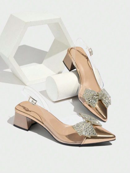 Women’s Champagne Rhinestone Bow Slingback Pumps – Transparent Chunky Heel, Pointed Toe, Elegant Dress Shoes for Parties & Weddings