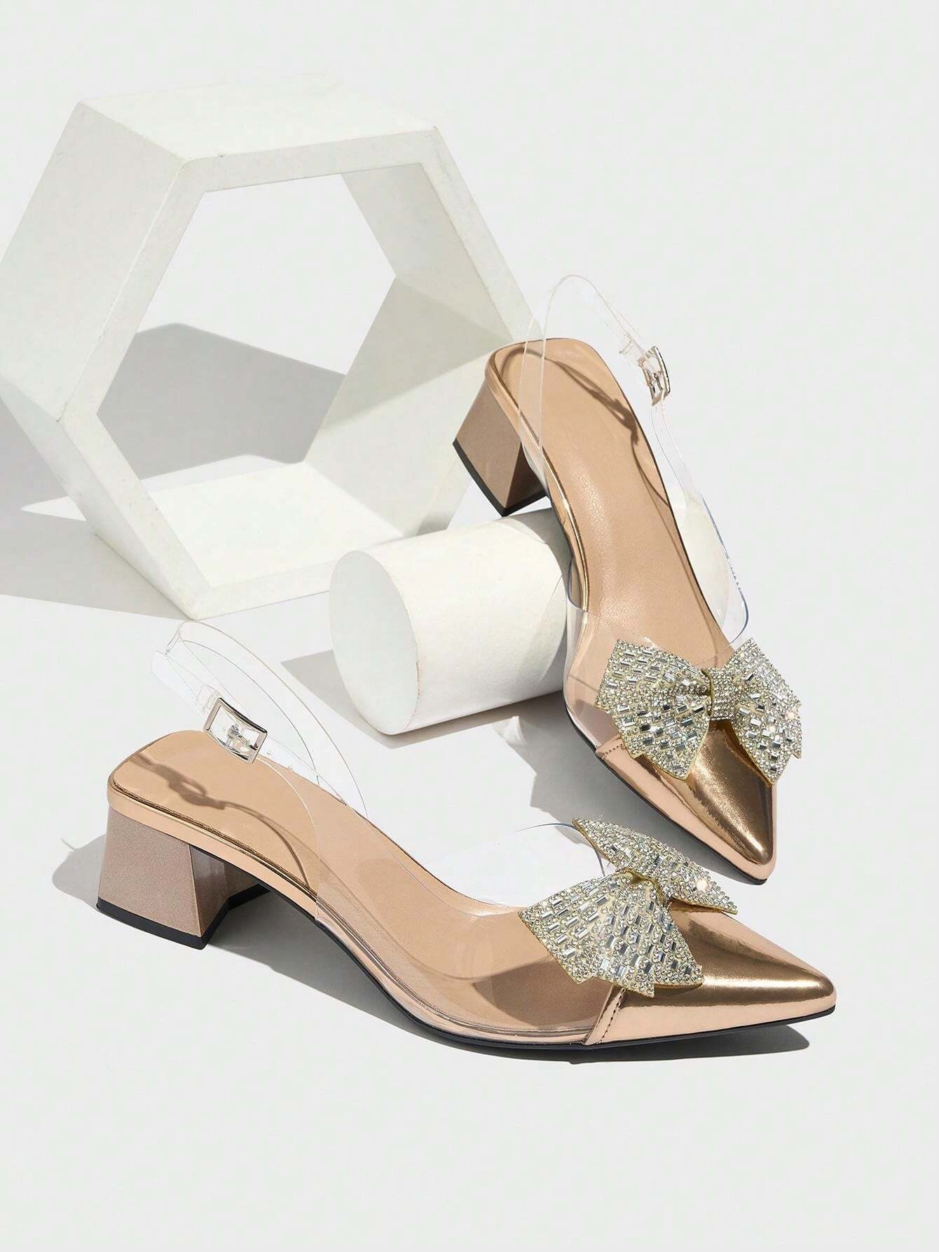 Women’s Champagne Rhinestone Bow Slingback Pumps – Transparent Chunky Heel, Pointed Toe, Elegant Dress Shoes for Parties & Weddings