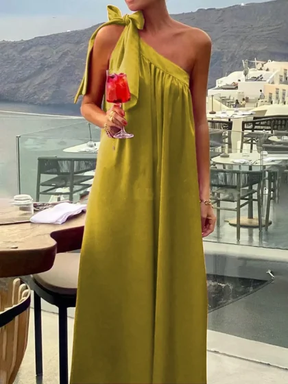 Graceful One-Shoulder Solid Color Maxi Dress for Summer