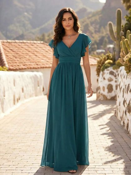 Ruched V-Neck Teal Chiffon Bridesmaid Dress