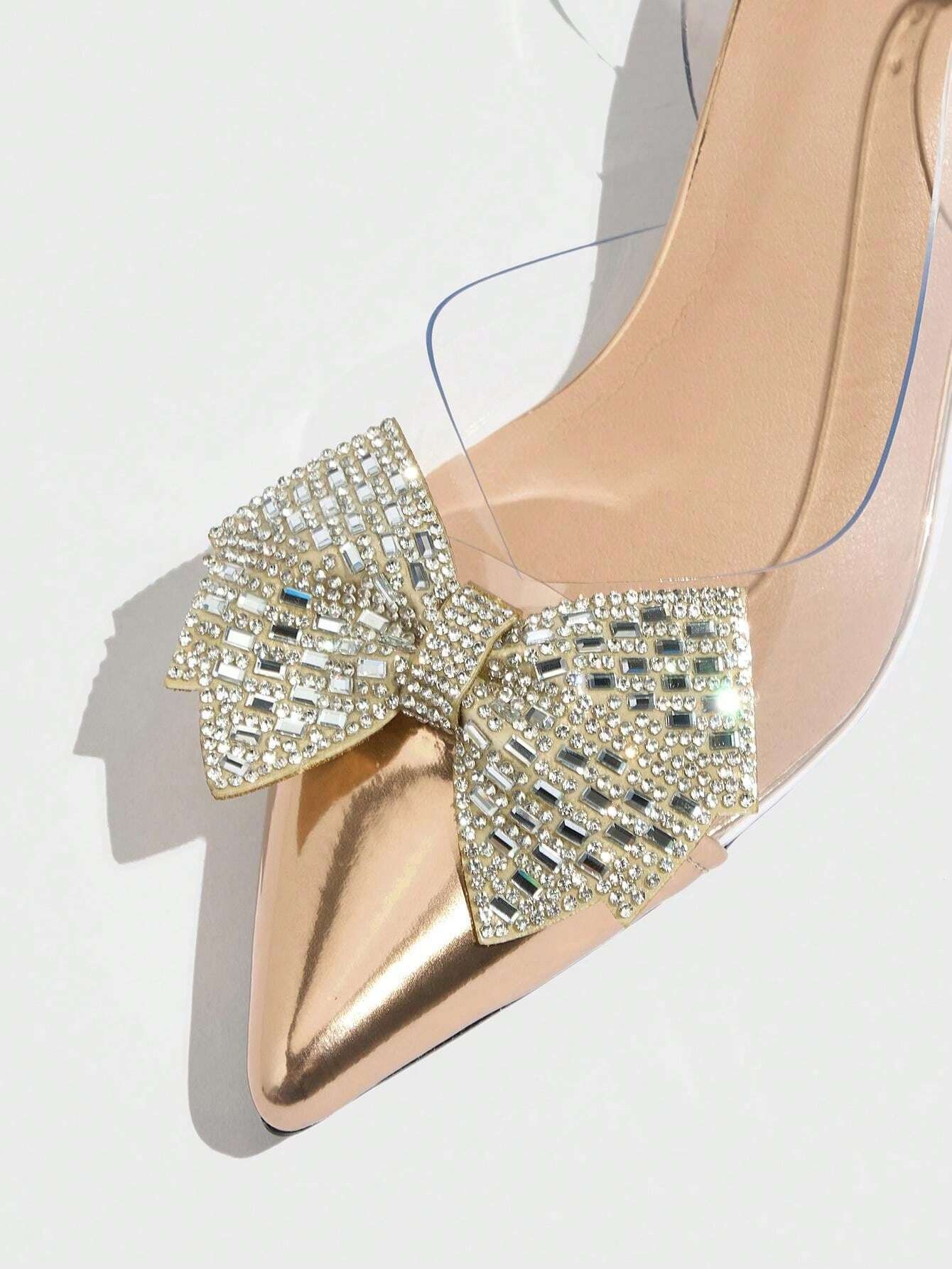 Women’s Champagne Rhinestone Bow Slingback Pumps – Transparent Chunky Heel, Pointed Toe, Elegant Dress Shoes for Parties & Weddings - Image 4