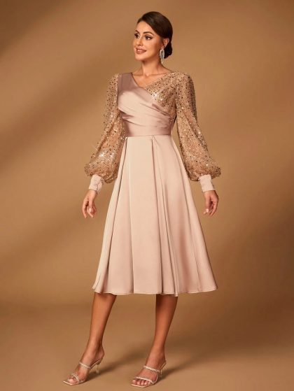 Champagne Sequin Satin A-Line Mother of the Bride Dress