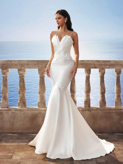 White Spaghetti Strap Wrap Detail Bridal Dress