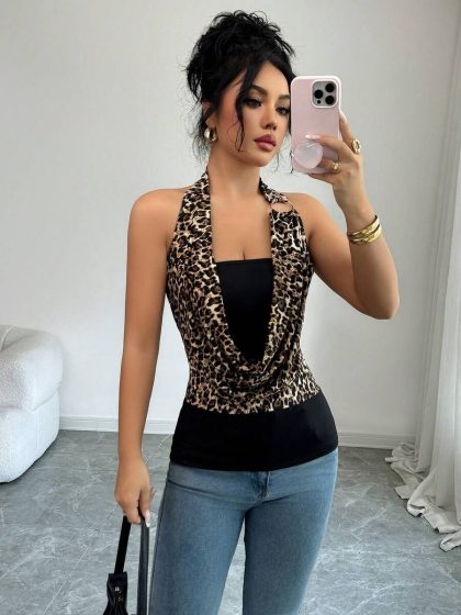 Elenzya Leopard Patchwork Knit Tank