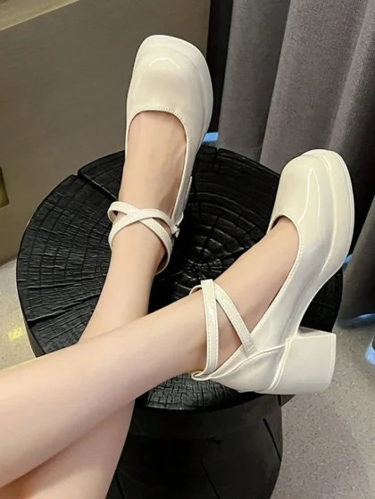 DareSee Mary Jane Buckle High Heel Shoes (White)