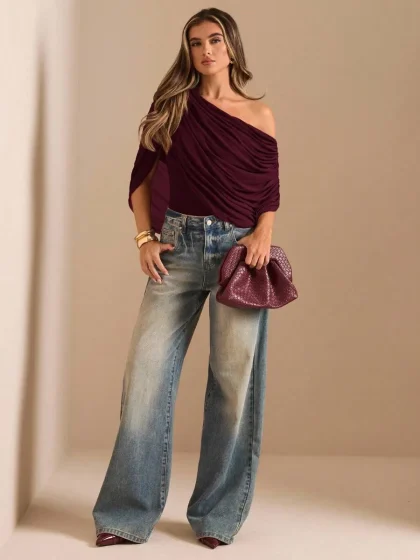 SHEIN BAE Brown Off-Shoulder Ruched Fitted Bodysuit