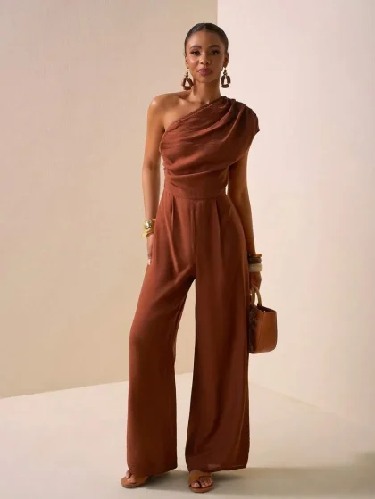 Zivah Brown Sleeveless Asymmetric Linen Jumpsuit