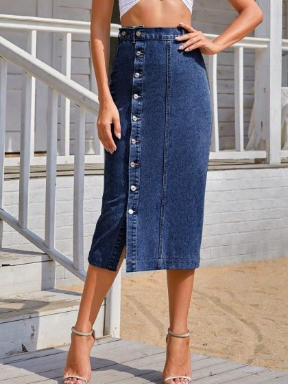 Single-Breasted Denim Skirt