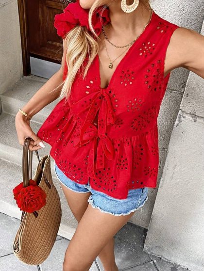 Pariaura Red Lace Bowknot Blouse