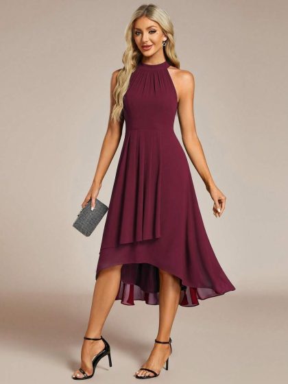 Ruched Halter Neck High-Low Chiffon Bridesmaid Dress