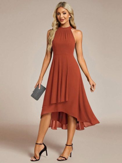 Ruched Halter Neck High-Low Chiffon Bridesmaid Dress