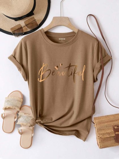INAWLY Letter Print Graphic Tee