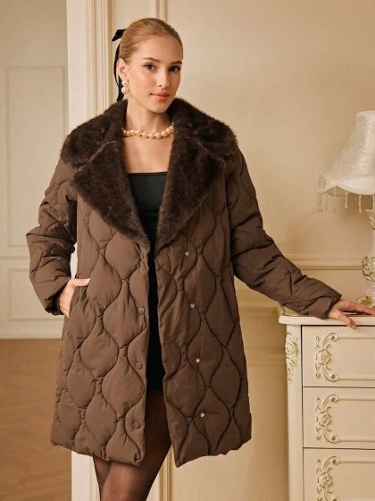 Brown Quilted Belted Faux Fur Collar Coat