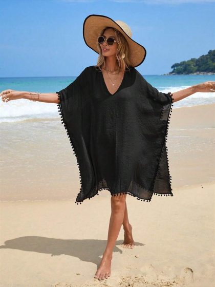 Pom-Pom Trim Batwing Sleeve Beach Cover-Up