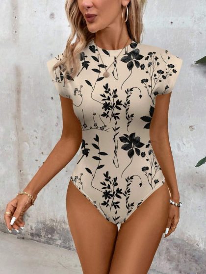 EMERY ROSE Khaki Floral & Leaf Print Short Sleeve Bodysuit