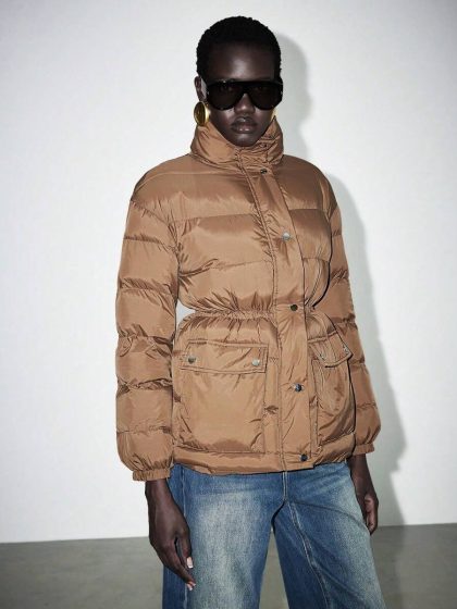 Stand Collar Cinched Waist Padded Coat