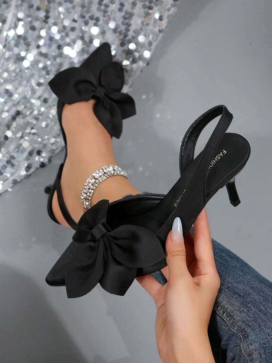 Women’s Pointed-Toe Slingback Pumps with Satin Bow – Thin High Heels, Elegant Kitten Heels for Party & Seasonal Wear - Image 3
