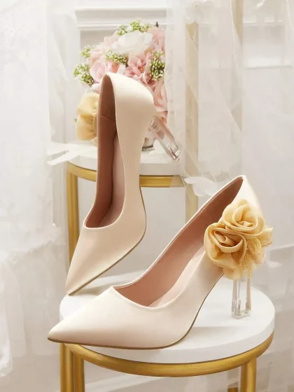 CUCCOO HITCHD Women’s Sweet Romantic Champagne Rose Flower High Heel Pumps – Perfect for Weddings & Parties