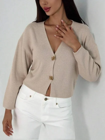 Aloruh Deep V-Neck Slim Button Knit Cardigan