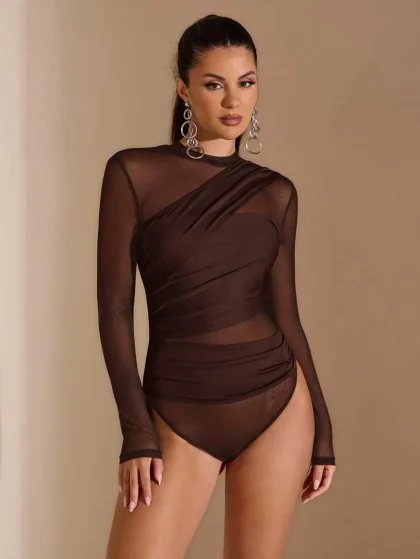 SHEIN BAE Women’s Brown Sheer Mesh Ruched Bodysuit – Mock Neck