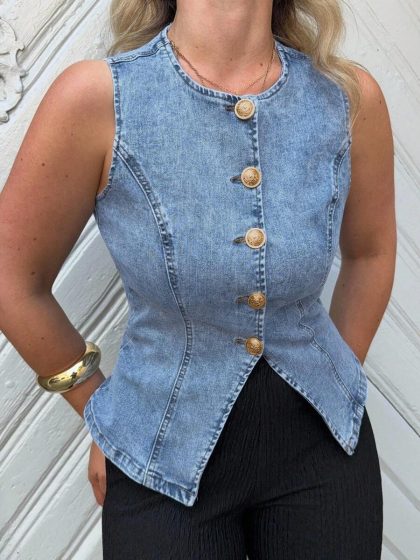 Front Button Sleeveless Denim Blouse