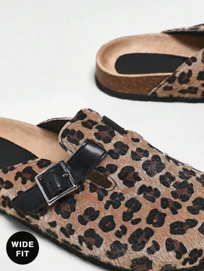 SHUZIA Women's Wide Fit Leopard Print Slip On Comfort Clogs