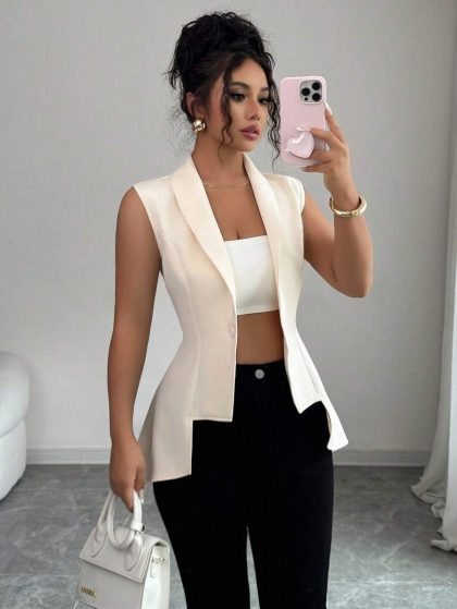 Apricot V-Neck Asymmetric Sleeveless Jacket