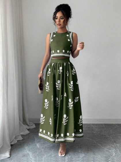 Floral Print Sleeveless Top & Pleated Skirt Set