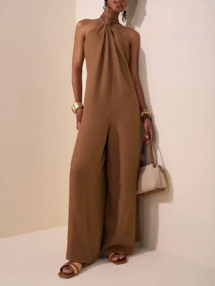 Zivah Women’s Halter Neck Backless Wide-Leg Summer Jumpsuit – Red Brown