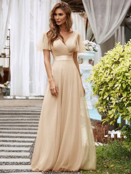Elegant V-Neck A-Line Tulle Maxi Bridesmaid Dress
