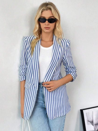 Black & White Striped Ruched Blazer Jacket