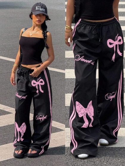Muchica Y2K Bow-Print Wide-Leg Pants