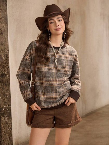 Plaid Print Round Neck Sweatshirt