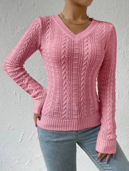 RosyDaze V-Neck Twist Knitted Sweater,Long Sleeve Tops Fall Winter Outfit