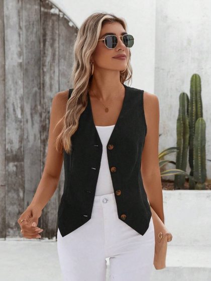 Black Corduroy Button-Front Vest Blazer