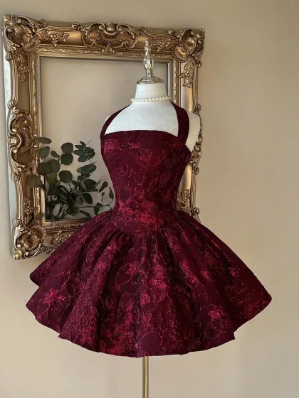 Lovelzi Burgundy Jacquard Halter Backless A-Line Dress